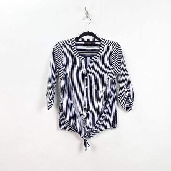 The Limited XS Womens Blue Pinstriped Tie Waist Tab Sleeve Blouse - Picture 1 of 6